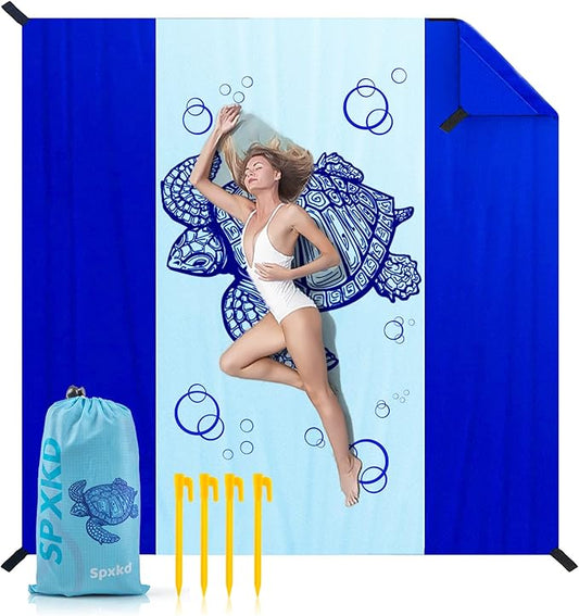 Beach Blanket Waterproof Sandproof Oversized 79" X 83" Soft Durable Light Weight and Portable Beach Mat with Corner Pockets for 4-6 Adults Outdoor Picnic Mat with Pocket for Travel Camping Hiking