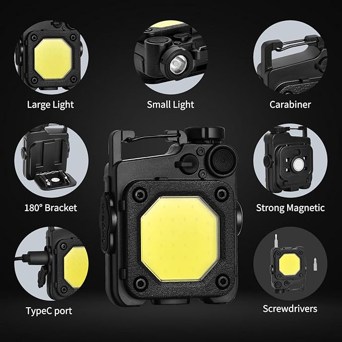 Cob Keychain Flashlight, 6 Light Modes 1500 Lumen, 2Pcs Mini Keychain Work Light, Small Flashlight Rechargeable with Bracket and Screwdriver, Emergency Light for Camping and Hiking
