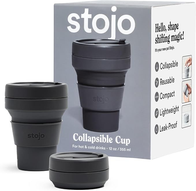 STOJO Collapsible Travel Cup - Carbon, 12oz / 355ml - Leak-Proof Reusable To-Go Pocket Size Silicone Bottle for Hot & Cold Drinks - Camping & Hiking - Dishwasher Safe - No Straw Included