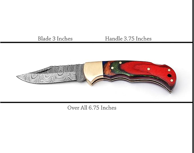 Handmade Damascus Steel Pocket Knife & Knife Sharpener - Damascus Folding Knife - Pocket Knife for Men, EDC Knife & Hunting Knife with Back Lock & Beautiful Pakka Wood Handle with Leather Knife Sheath