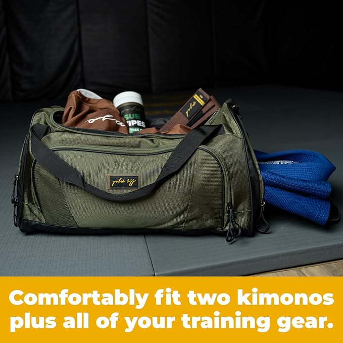 Gold BJJ Jiu Jitsu Duffle Bag - Waterproof Pocket for Sweaty Gi, Rashguard, or Shoes - The Perfect Duffel Bag for Martial Arts Gear, Boxing, MMA, and More