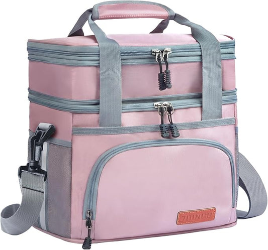 Lunch Box For Men/Women,Large Double-layer Insulated Expandable Reusable Leakproof Cooler Bags For Adults,Lunch Bag With Adjustable Shoulder Strap For Office Travel Picnic(Pink)