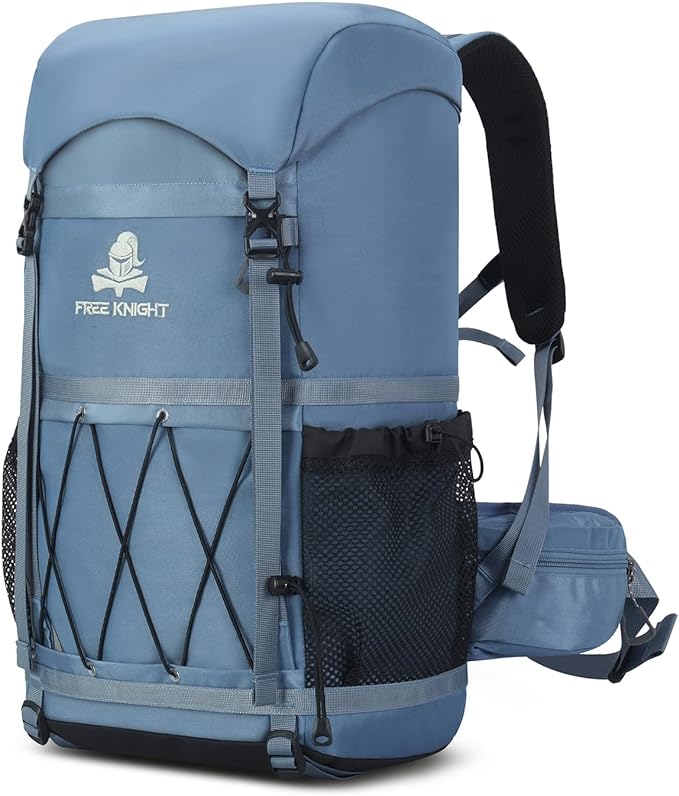Bseash 40L Waterproof Hiking Backpack with Rain Cover, Outdoor Sport Travel Bag Daypack for Camping Climbing Skiing Cycling (Light Blue)