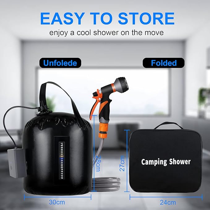 Portable camping shower, 5gallons/20 liters rechargeable air pump outdoor electric camping shower, 8 spray modes, solar heating black PVC airbag, built-in thermometer, beach, camping, hiking