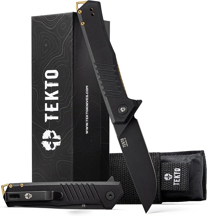 F1 Alpha Folding Pocket Knife - Modified Straight Back Blade, Titanium Coated D2 Steel, Ideal for Outdoor Camping and Backpacking, Tactical G10 Black Handle, Bronze Titanium Accents