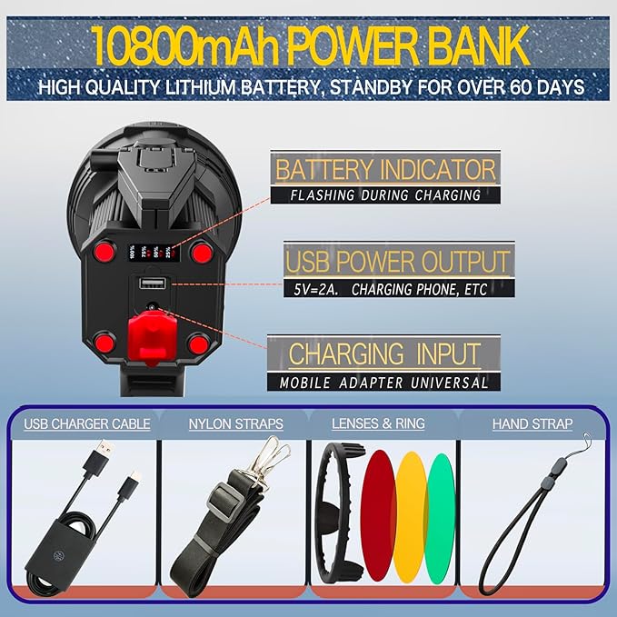 BIGSUN Rechargeable Spotlight, High Lumens 1000,000 LED Flashlight with Three Filter Lens, Built-in 10000mAh Battery Pack, Outdoor Handheld spot Light,for Farm,Hunting,Observe Animals