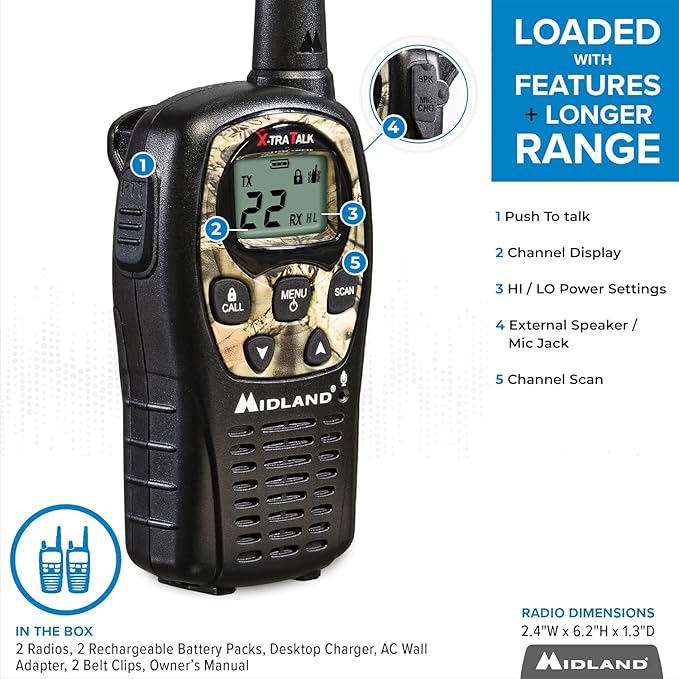Midland LXT535VP3 FRS Walkie Talkie - Long Range Two-Way Radio Channel Scan, Silent Operation (Mossy Oak Camo, 2 Radios)