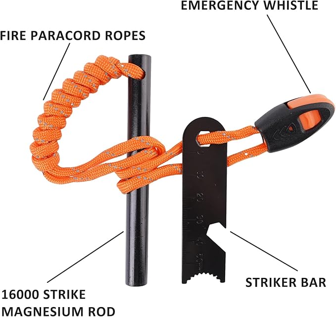 Ferro Rod Fire Starter 4 Pack Flint Fire Starter Survival Tool Flint and Steel Fire Starter Kit 6-in-1,Fire Steel with Paracord and Whistle for Camping, Hiking, Hunting, Emergency Rescue…