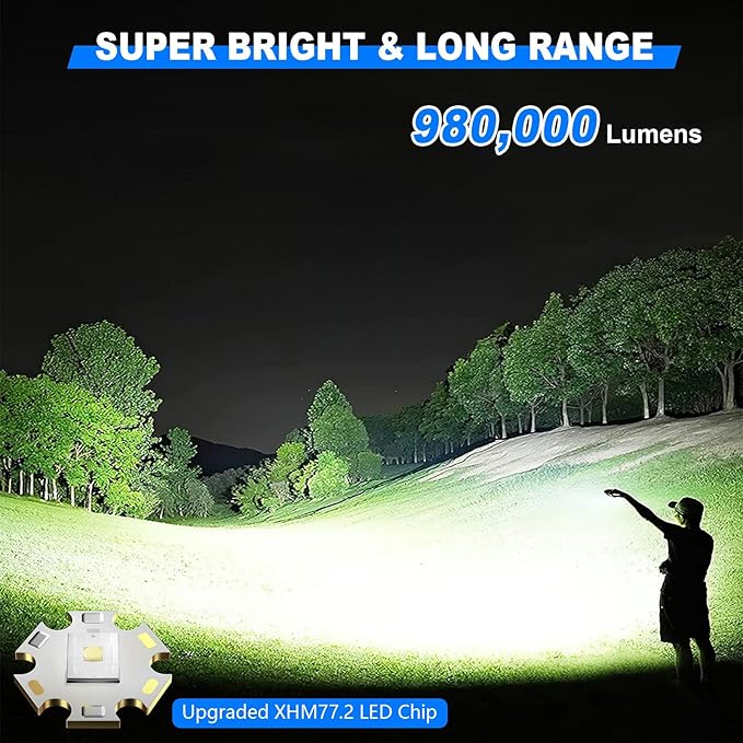 Goreit Flashlights LED High Lumens Rechargeable, 980,000 Lumens XHM77.2 Super Bright Flash Light USB, Handheld Flashlight High Powered,Powerful Flashlight Waterproof for Emergency Camping
