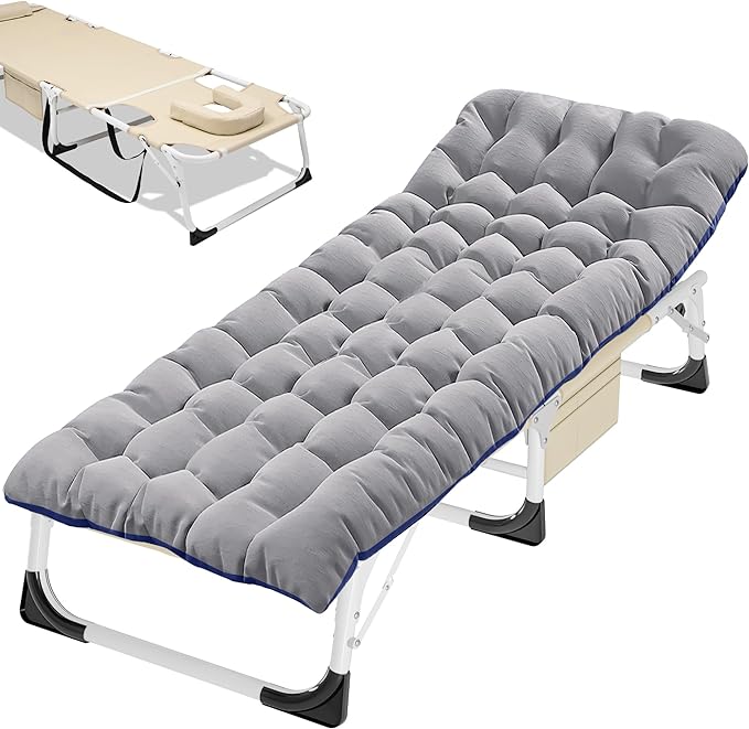 ABORON Folding Camping Cot W/Mat for Adults, Adjustable Heavy Duty Outdoor Bed,1200 D Layer Oxford Travel Camp Cots