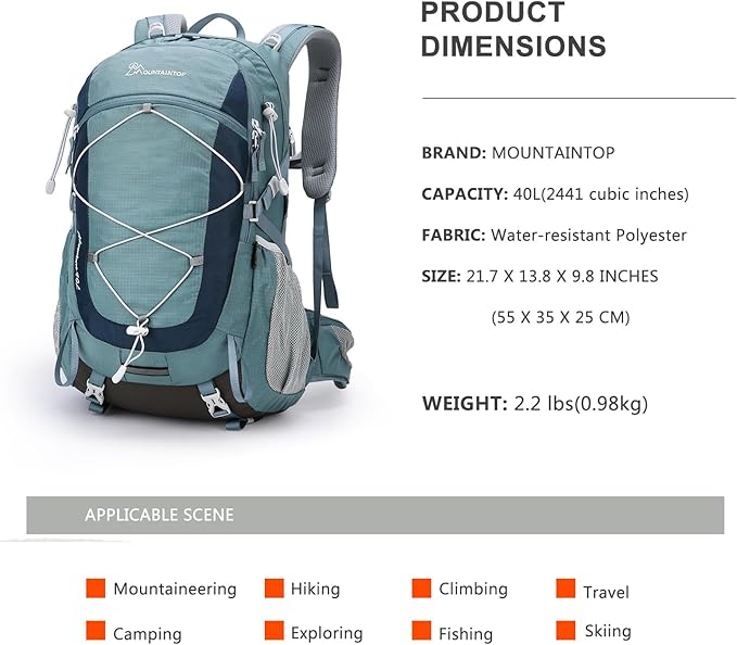 MOUNTAINTOP 40L Hiking Backpack Travel Daypack with Rain Cover for Outdoor Backpacking, Camping