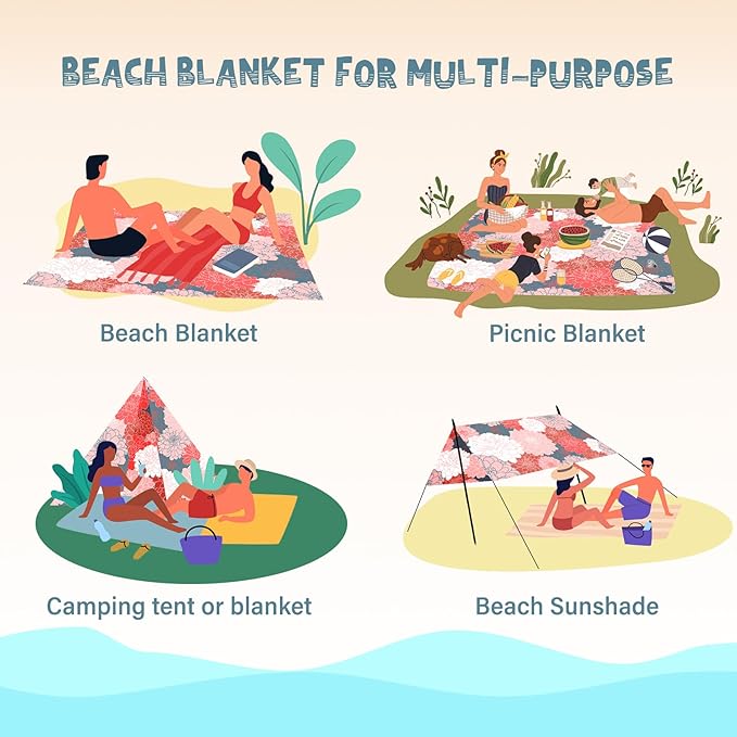 Beach Blanket Waterproof Sandproof 1-7 Adult Oversized 78 '' × 81 '' Lightweight Durable Compact Sand Free Beach Mat for Travel Camping Hiking Picnic Blanket Extra Large