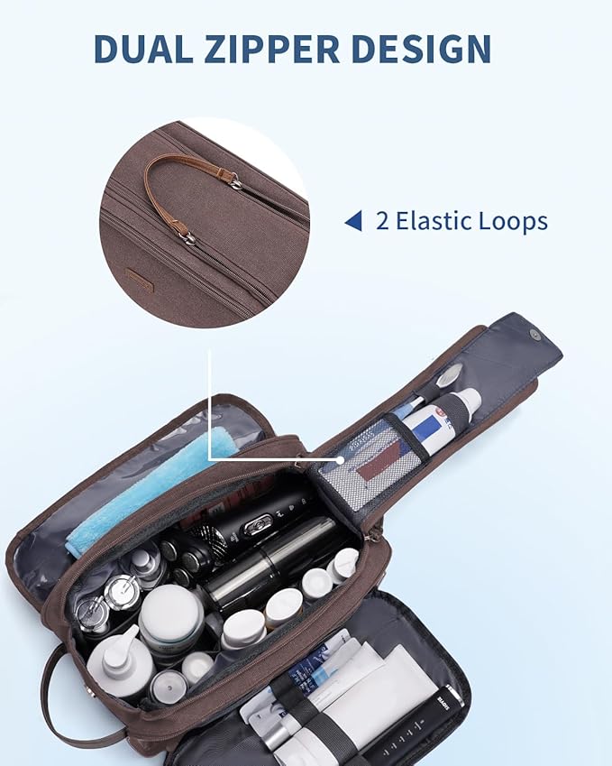 WANDF Toiletry Bag for Men Travel Toiletry Organizer Canvas and Leather Dopp Kit Water-Resistant Shaving Bag for Travel Accessories (Brown, Patent Pending)