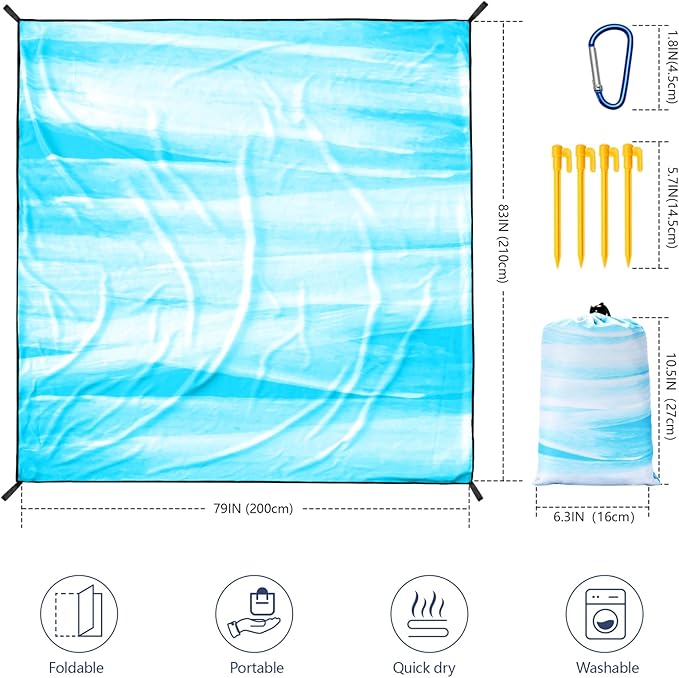 Beach Blanket Waterproof Sandproof Beach Mat 79βx 83β for 1-4 Adults Quick Drying Durable Outdoor Picnic Mat for Beach Festival Travel Camping Hiking (TINTING-BL&W, 79"Γ83"(4 Person))