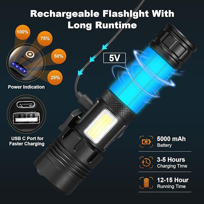 Rechargeable flashlights, 900,000 Flashlights High Lumens, Adjustable Tactical Flashlight, 7 Mode Powerful Handheld Flashlights, Waterproof LED Flashlight for Home,Camping,Hiking,Emergencies
