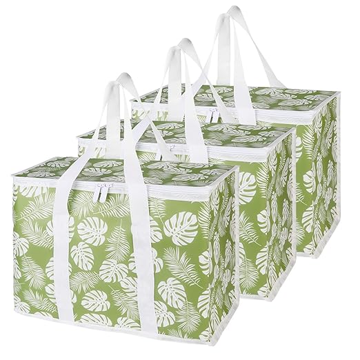 Bodaon 3-Pack Insulated Reusable Grocery Shopping Bags, X-Large Picnic Cooler Bag with Zipper Zippered Top Cold, Green-Leaf