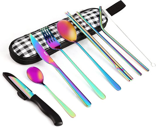 hecef 11 PCS Black Titanium Plating Travel Cutlery Set with Compact Carrying Case & Mesh Bag, Reusable Stainless Steel Utensils, Handy Flatware Set for Work, School, Camping and Travel