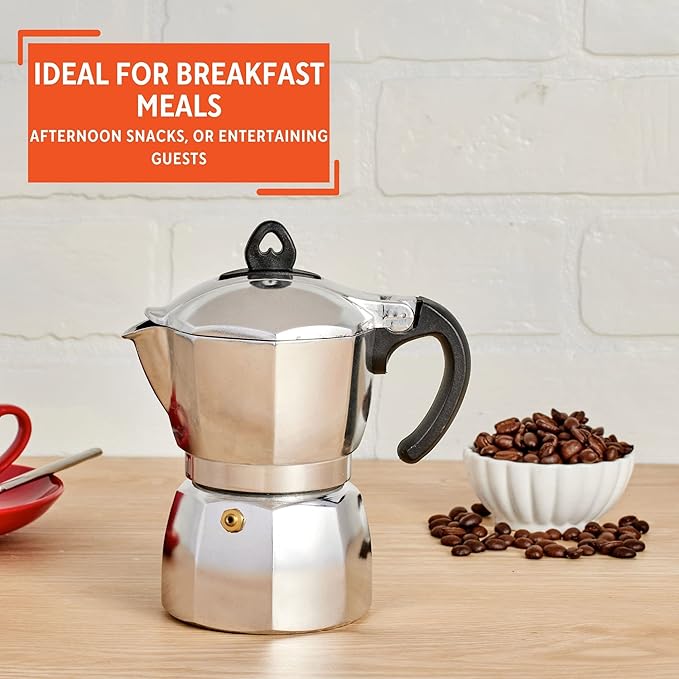 Imusa 6 Cup Stovetop Espresso Maker with Heart Shaped Knob, Silver
