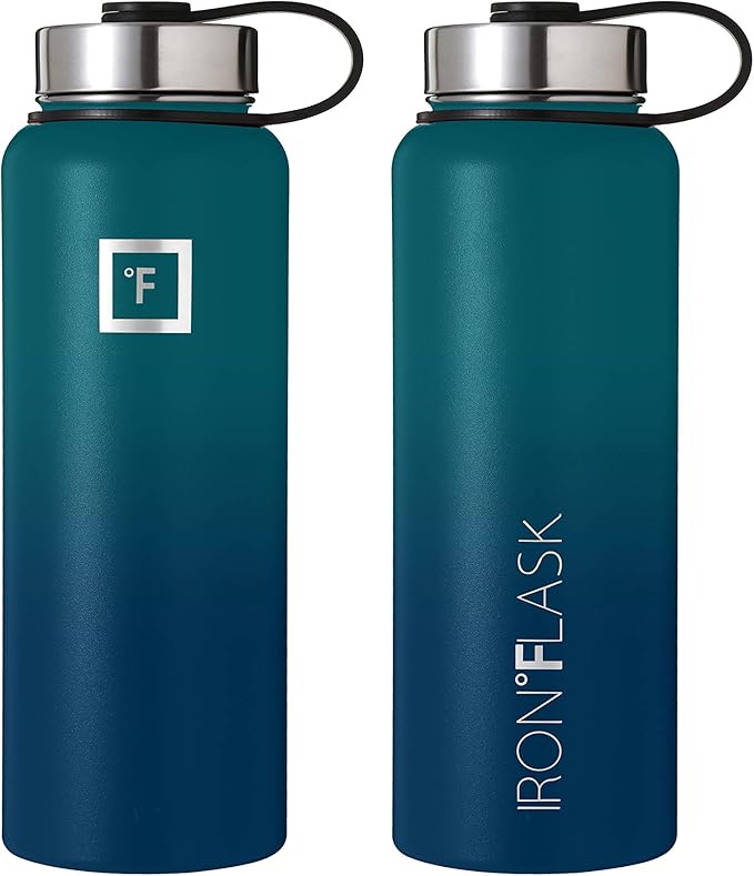IRON °FLASK Camping & Hiking Hydration Flask, Wide Mouth, 3 Straw Lids, Stainless Steel Outdoor Water Bottle, Double Walled, Insulated Thermos, Metal Canteen - Dark Night, 40 Oz
