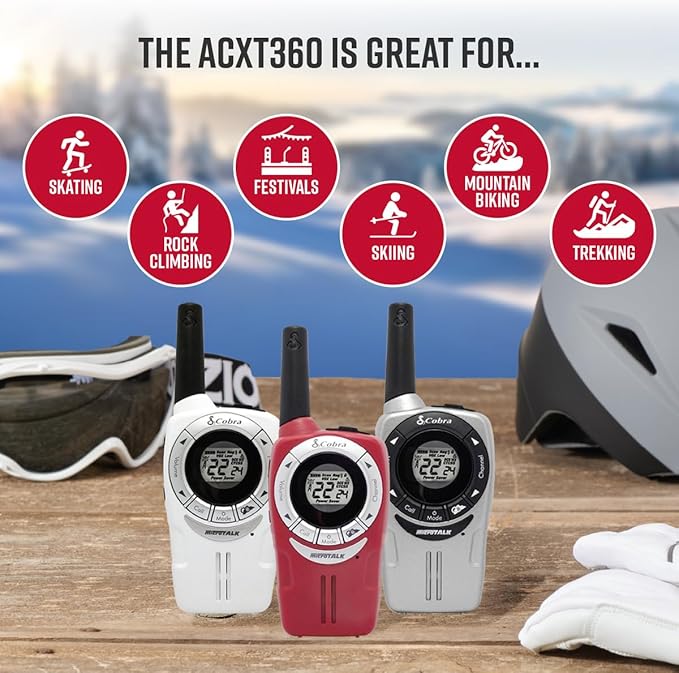 Cobra ACXT360 Water Resistant Walkie Talkies – Rechargeable, 22 Channels, Long Range 25-Mile Range Two-Way Radios 3-Pack, White, Silver and Red