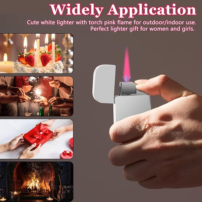 2 Pack Pink Flame Torch Lighter,Cute White Lighter,Refillable Butane Lighter,Windproof Torch Lighter for Outdoor Camping BBQ Candle,Nice Gift for Girls,Women on Birthday,Mother's Day Without Butane
