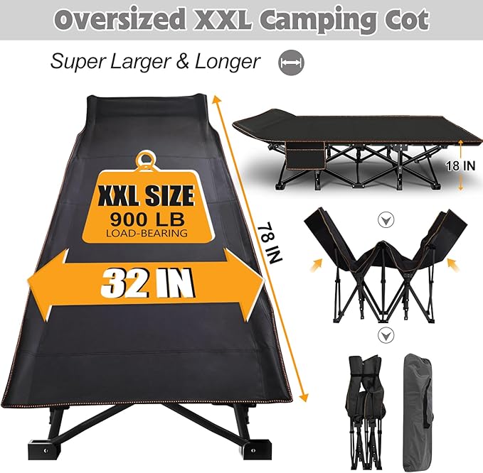 ABORON 2Pack Oversized XXL Folding Camping Cot W/Mat for Adults, 78" L x 32" W x 18" H,Heavy Duty Outdoor Bed with Carry Bag,1200 D Layer Oxford Travel Camp Cots