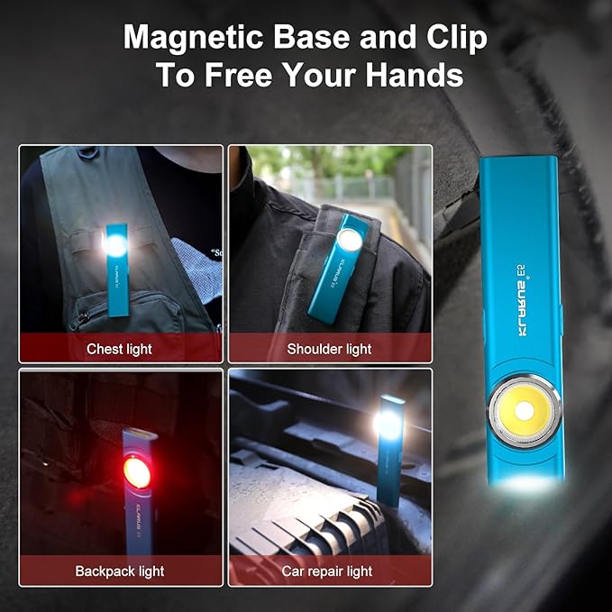 klarus E5 Pocket Flashlight, Rechargeable EDC Flashlight, Super Slim Flat 4.2x1x0.3inch, 470 Lumens, USB-C Port, IPX4, Dual Light Source with Magnetic Base, Hat & Clothes Clip - Blue