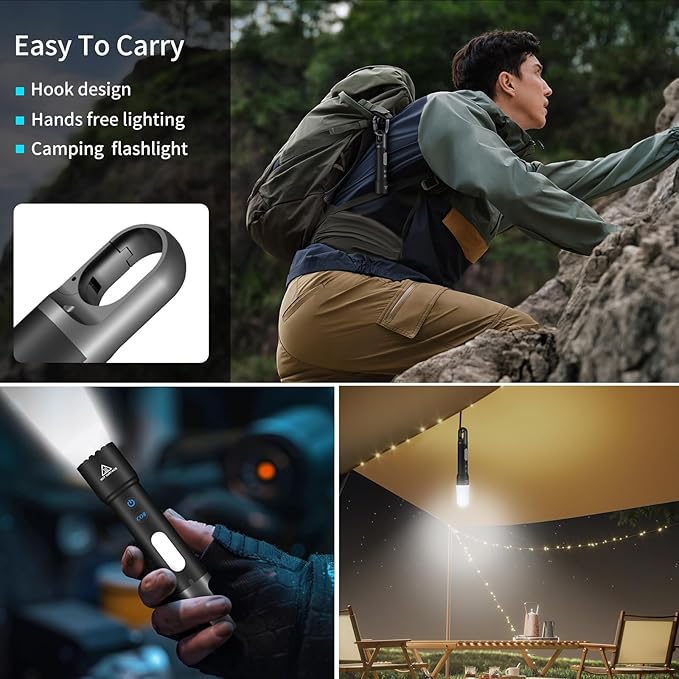 Rechargeable Flashlight, High Lumens LED Flashlight with COB Red Light, Multi Color Powerful Flashlight with Hook for Kids Camping、Outdoors Work, Gifts for Christmas Birthday Men&Women