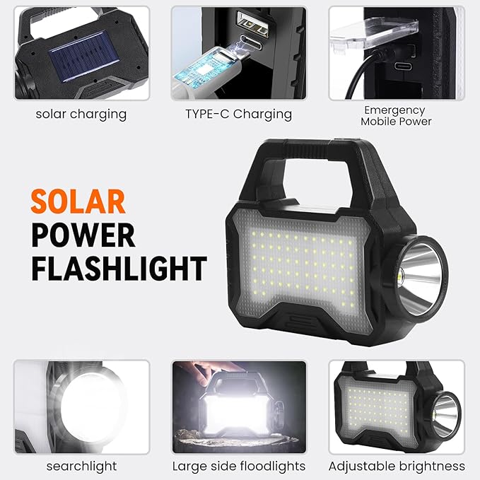 Solar Flashlight,Multifunctional Flashlight Solar Flashlight,led Flashlight Cell Phone Charger,USB Charging,Suitable for Home,Fishing,Outdoor Camping