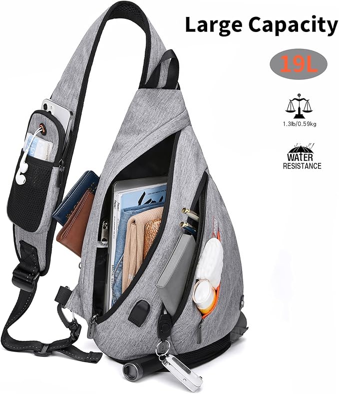 TUDEQU Sling backpack, 8 Pockets Sling Bag Crossbody, 19L Large Sling Bag for Men Travel Crossbody Backpack Hiking Outdoor