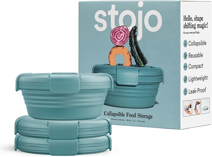 STOJO Collapsible Bowl 3 Set - Eucalyptus Green, 36oz - Reusable Silicone Bowl for Hot and Cold Food - Perfect for Travel, Meal Prep, To-Go Lunch, Camping & Hiking - Microwave & Dishwasher Safe