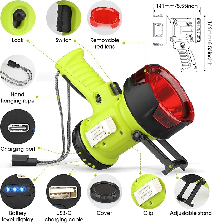 Rechargeable Spotlight Flashlight with 1000,000 High Lumen LED, Waterproof Handheld Bright Outdoor Spot Light Searchlight for Boating, Camping