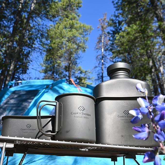 COOK'N'ESCAPE Titanium Camping Cookware Titanium Canteen Mess kit, Camping Canteen with Pot and Pan Set, Portable Lightweight Cookware for Outdoor Hiking Backpacking Picnic