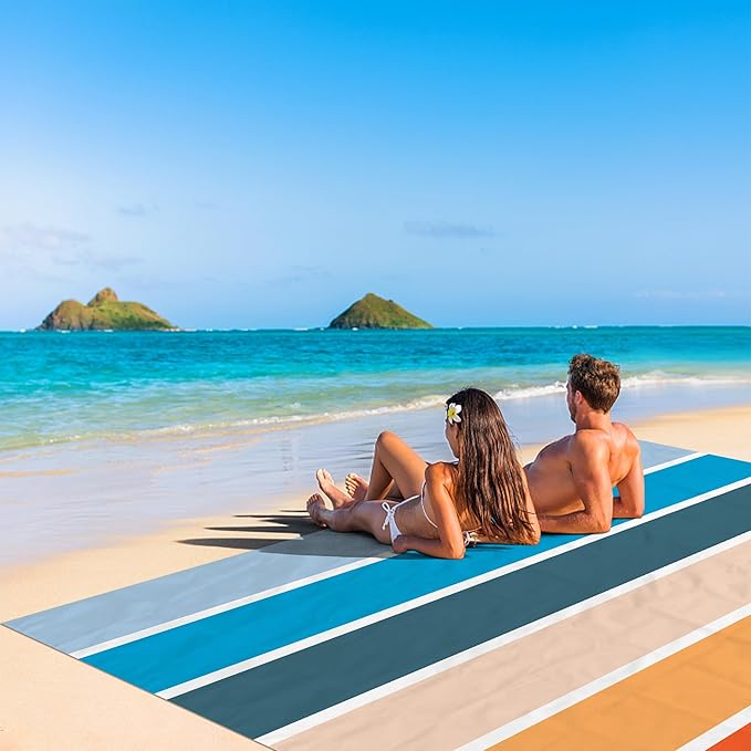 Colorful Beach Blanket Sandfroof, 78”x 86” Large Waterproof Beach Mat Sand Free w/ 4 Stakes for 1-6 People, Big Compact Foldable Picnic Pockets Blanket for Travel, Camping, Hiking - Thick Stripes
