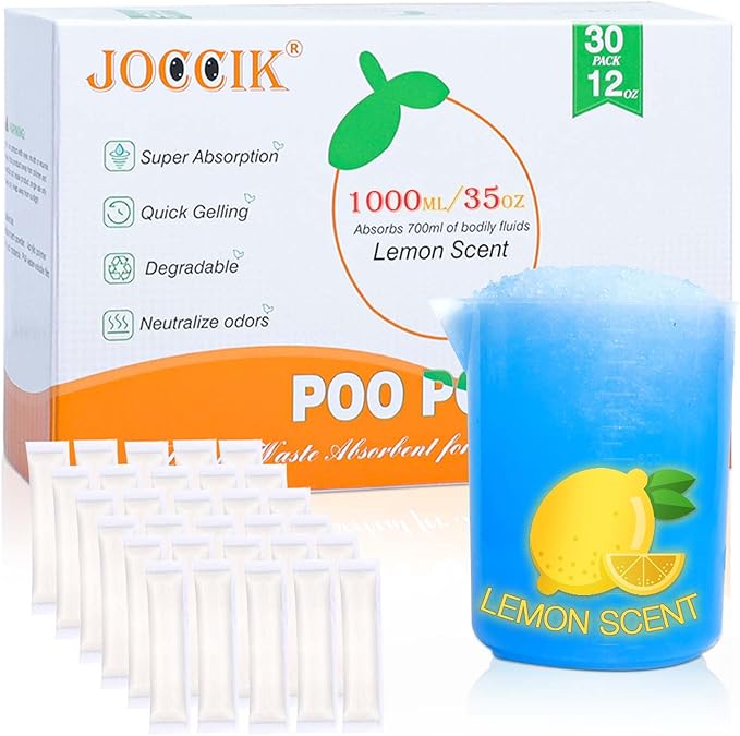 Poo Gel for Portable Toilet 30pcs Super Absorbent Liquid Waste Powder Lemon Scent for Camping Outdoor
