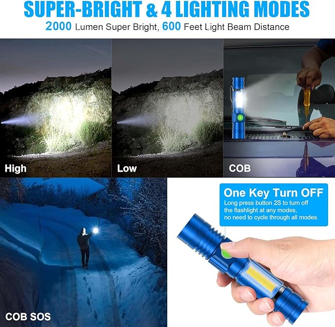 Flashlight USB Rechargeable, Magnetic LED Flashlight, Super Bright LED Tactical Flashlight with Cob Sidelight, 2000LM, Waterproof, Zoomable Best Small LED Flashlight for Camping, Emergency - Blue