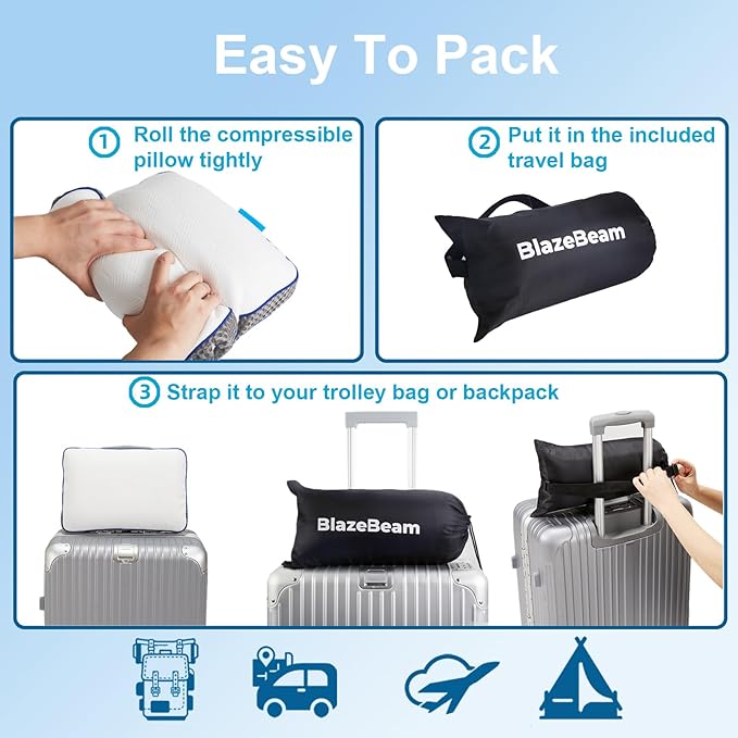 Camping Pillow Dual-Cover Memory Foam Pillows for Travel with Height Extender - 5 Layers Firm Support Small and Portable Camping Pillow for Sleeping (15'' × 9.5'',White)