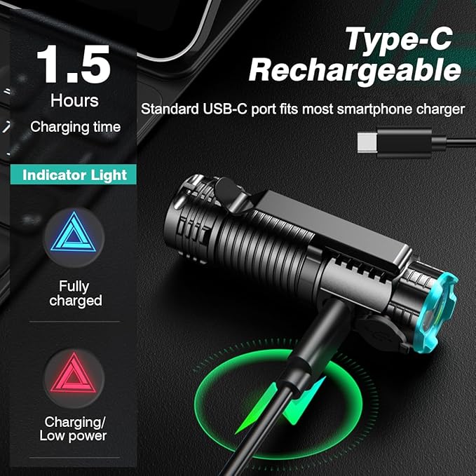 Mini Flashlight USB-C Rechargeable Magnetic Keychain Clip Lanyard EDC Flashlights, Pocket Flashlight High Lumens 1200, Bright Compact Small Flash Light LED Torch for Camping, Dog Walking