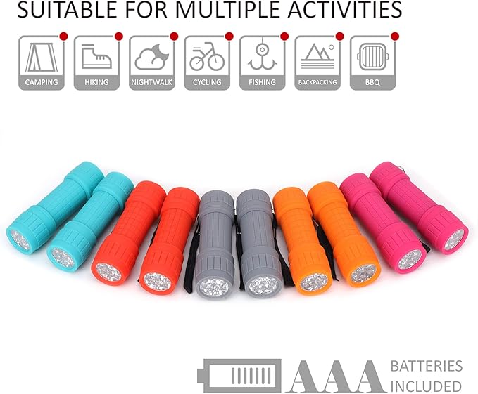 FASTPRO 10-Pack, 9-LED Mini Flashlight Set, AAA Batteries are Included and Pre-Installed, Perfect for Class Teaching, Camping, Wedding Favor