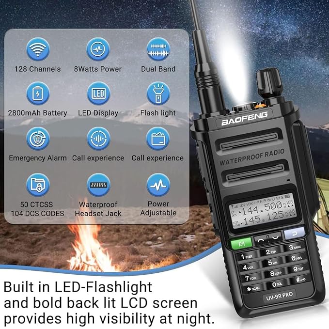 BAOFENG UV-9R Pro 8W Ham Radio Two-Way Radio Handheld Dual Band Tri- Power Waterproof Long Range Rechargeable Walkie Talkies with Programming Cable,Speaker Mic and Type-C Charger Cable Full Set