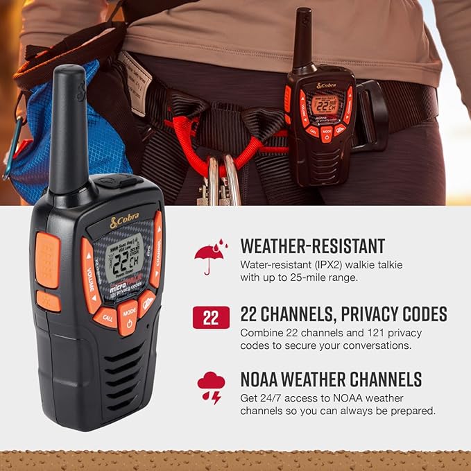 Cobra ACXT345 Weather-Resistant Walkie Talkies for Adults - Rechargeable, 22 Channels, Long Range 25-Mile Two-Way Radio Set (2-Pack)