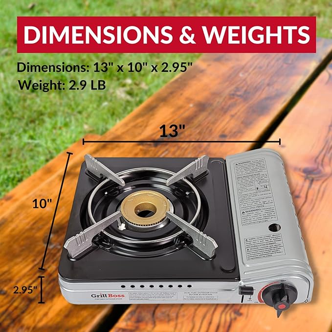 Dual Fuel Portable Stove, Butane & Propane Portable Camping Stove, 12K BTU Camp Stove with 4 x 8 oz. Tins Fuel, Dual Fuel Butane and Propane Stove for Emergencies & Outdoor Cooking by Grill Boss 90057