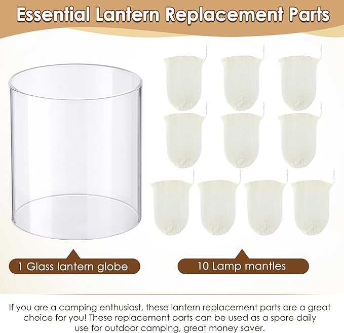 10 Pcs Propane Lantern Mantles with Glass Replacement Lantern Globe, U Shape Mantles and Standard Shape Lantern Replacement Globe, Propane Lantern Mantles Replacement Parts for Outdoor Camping