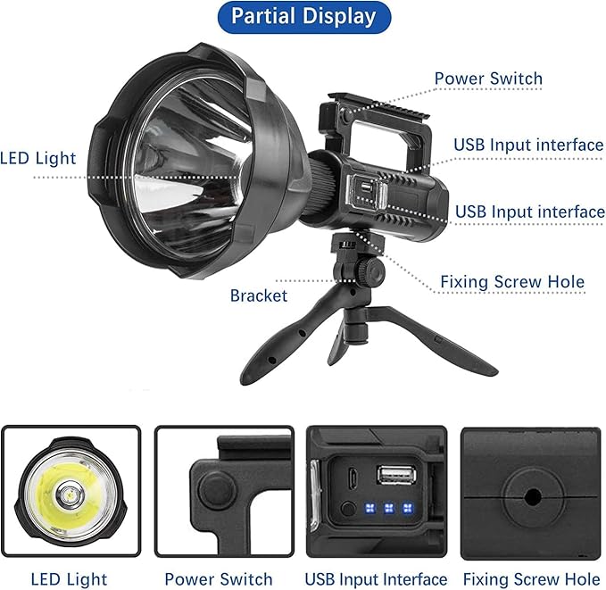 Rechargeable Spotlight Outdoor, 990000 Lumens Super Bright Led Spot lights Flashlight with 4 Modes & Foldable Tripod, 8000 ɱAh Large Handheld Searchlight Long Lasting for Camping Hunting Boating