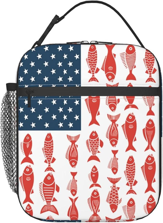 American Flag Fish Lunch Bag Insulated Reusable Lunch Box Thermal Cooler Tote For Men Women Work Travel Picnic Hiking