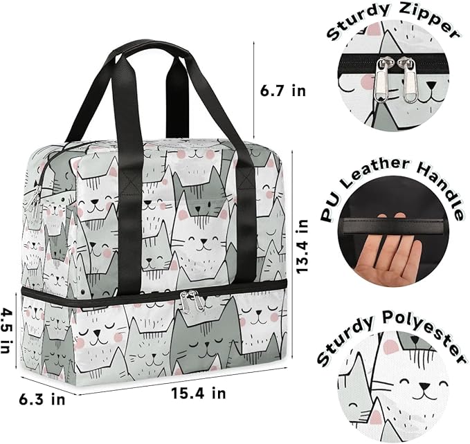 Sports Gym Bag Cute Cartoon Cat Travel Duffel Bag Waterproof Lightweight Swim Bag Travel Tote Luggage Weekender Overnight Handbag Workout Bag with Shoes Compartment for Women Men