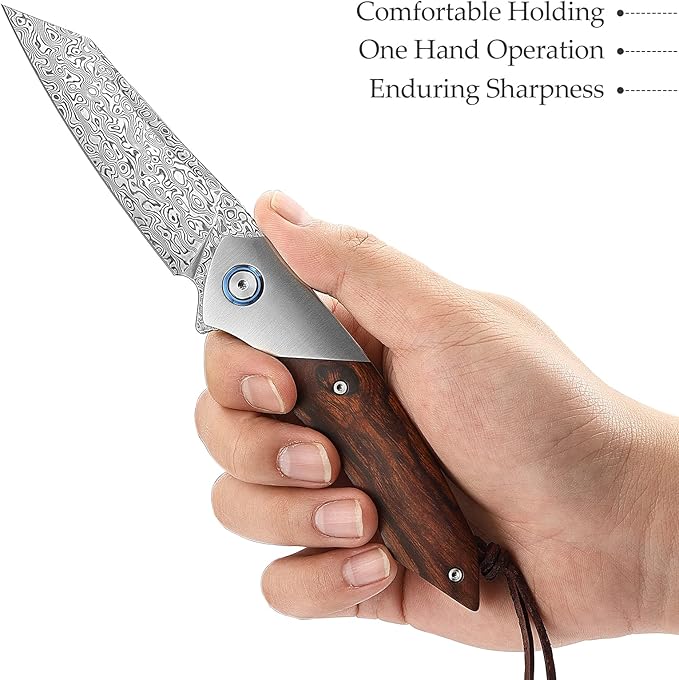 3.5" Damascus EDC Folding Pocket Knife with Clip for Men, Handmade Leather Sheath for Belt,Steel Bolster & Ironwood Handle,Ball Bearings Pivot,Everyday Carry Outdoor,Vul-01