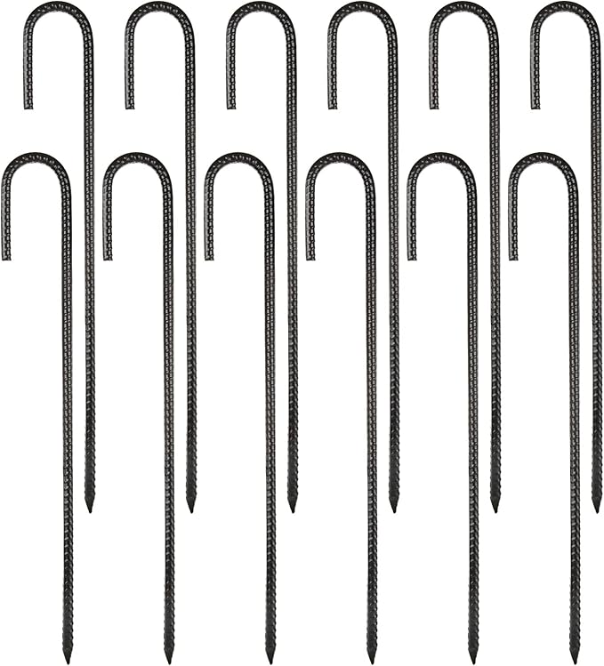 16 Inch Rebar Stakes, 12Pcs Heavy Duty Rebar Stakes J Hook 5/16 Ground Stakes Tent Stakes Rust Proof Coated Ground Anchors with Chisel Point End for Camping Camping Tent
