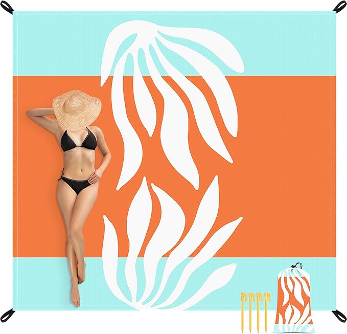 Beach Blanket Waterproof Sandproof Oversized, 9 Ft X 10 Ft Extra Large Sand Free Beach Mat with 4 Stakes, Compact Outdoor Essentials with Storage Bag for Beach, Picnic, Camping, Travel