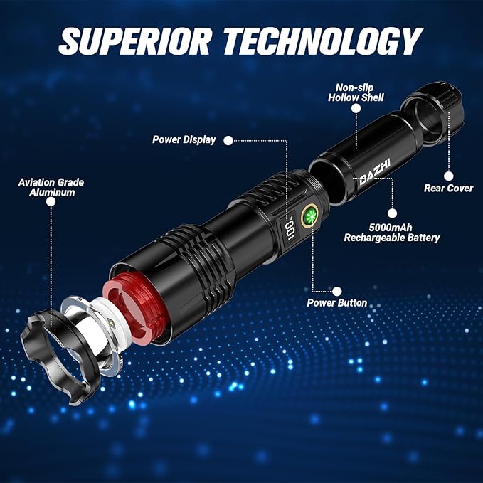 Rechargeable Led Flashlight 250000 Lumen, Super Bright Tactical Flashlight High Lumens 5 Light Modes, IPX7 Waterproof, Zoomable, Powerful Handheld Flashlight for Outdoor Emergency Camping, Hiking
